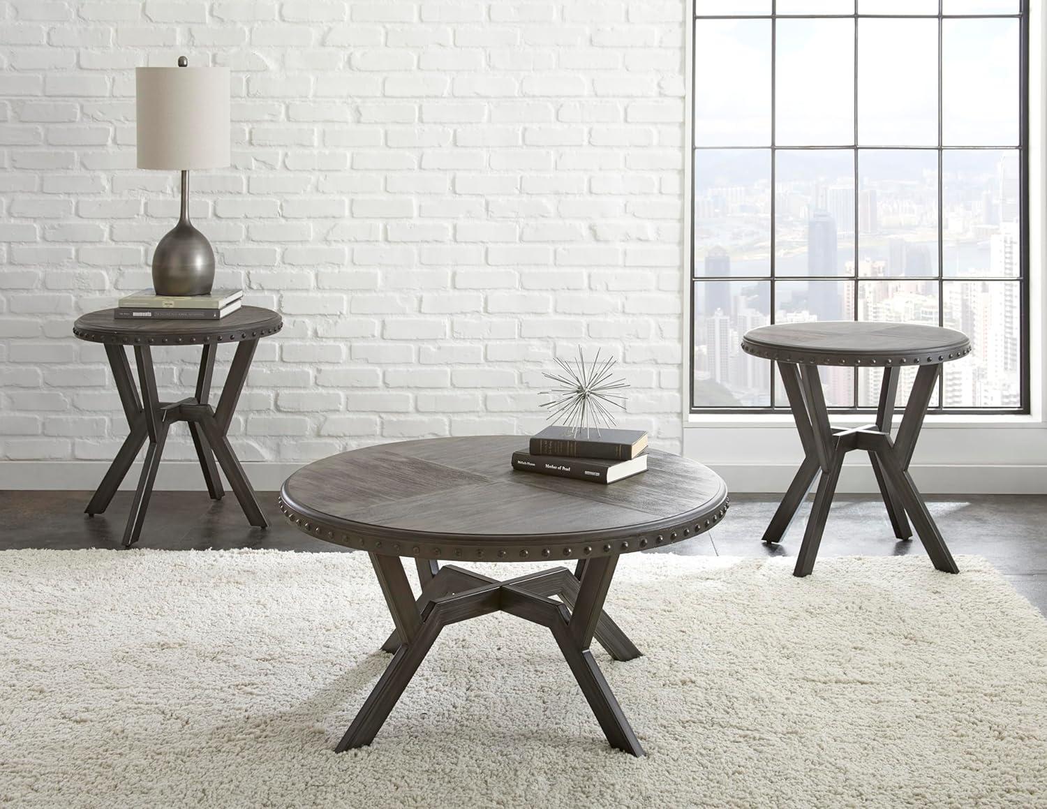 Gray Round Wood and Metal Coffee Table with Nailhead Trim