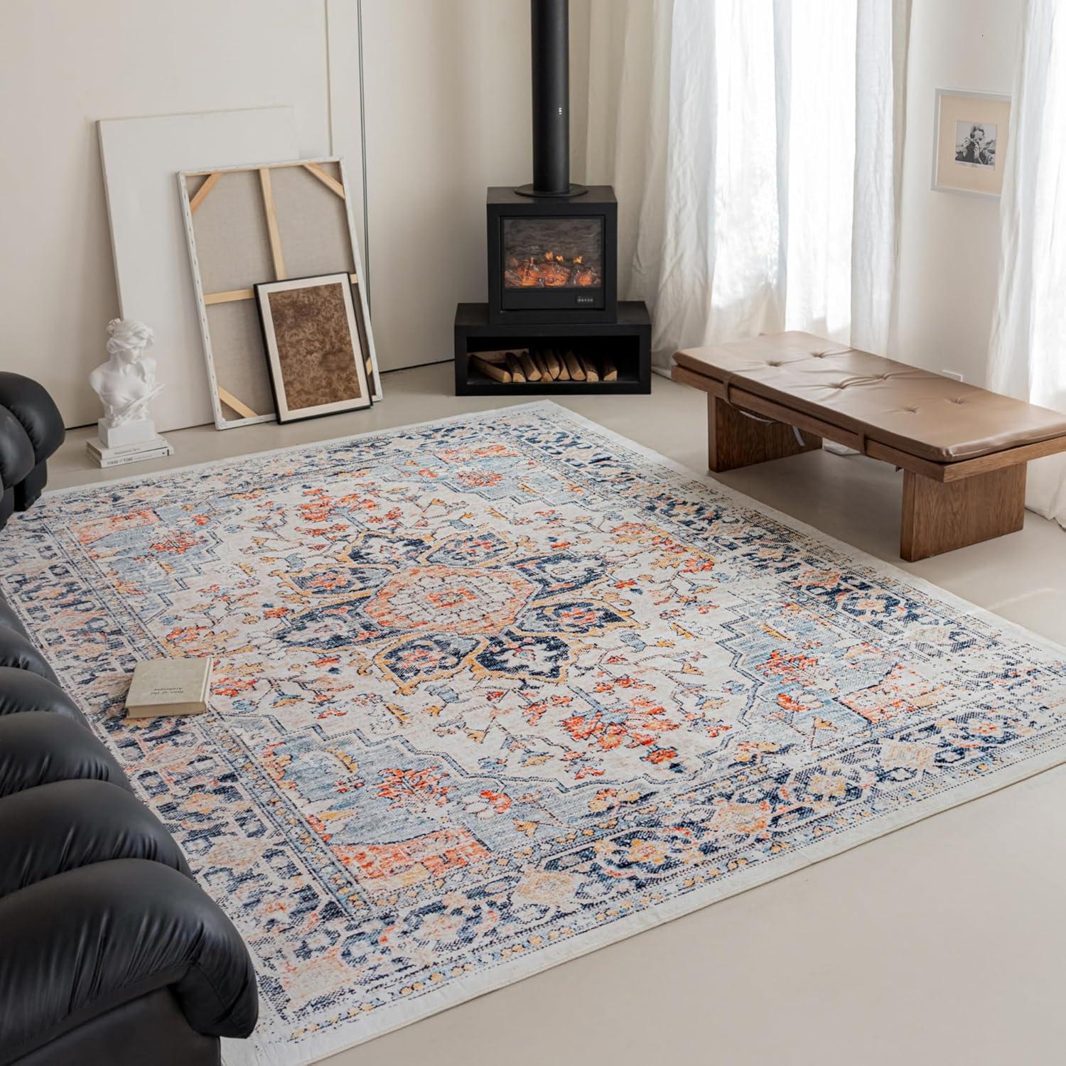 VK VK·LIVING 9x12 Area Rug Washable Rugs for Living Room Rug Vintage Design Boho Rug with Non Slip Living Room Rug Bedroom Carpet Stain Resistant, Home Decor, Blue&Orange