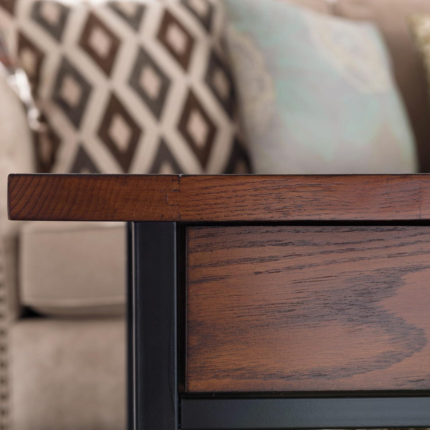 Leick Home 11204 Ironcraft Two Drawer Rustic Coffee Table with Shelf, Mission Oak and Black