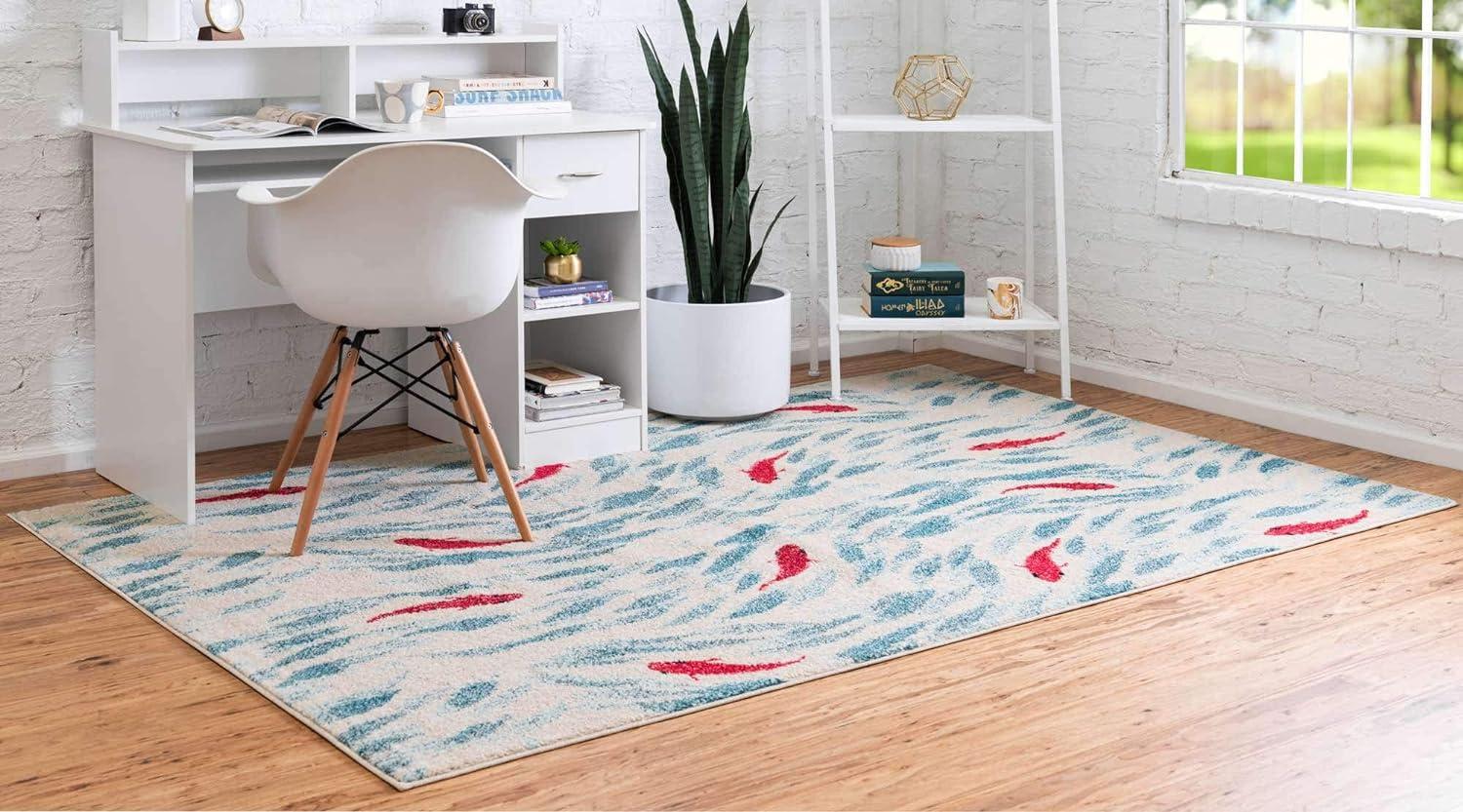 Positano Beige and Red Marine Motif Rectangular Rug