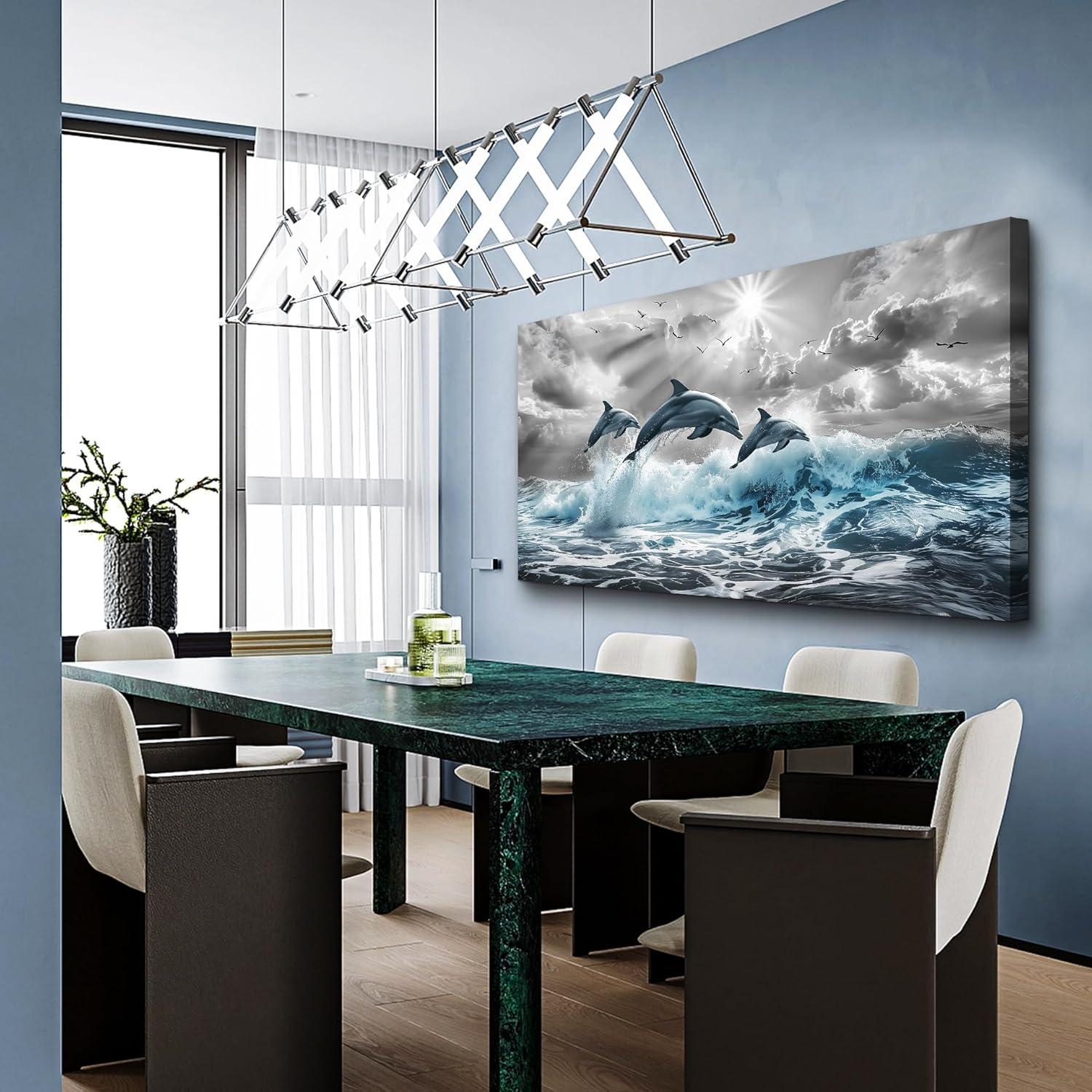 Chilfamy Wall Decorations For Living Room Canvas Wall Art For Bedroom Blue Waves Of The Sea Wall Pictures Artwork Office Canvas Art Print Dolphins Wall Paintings Ready To Hang Home Decor 20x16 Inch