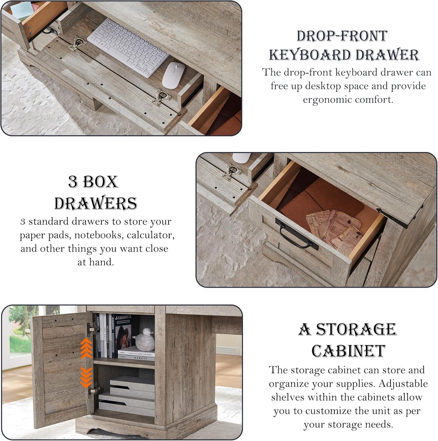 RedLemon 60" Farmhouse L Shaped Desk with Drawers, Wood Home Office Corner Executive Desk with Charging Station, File Drawer, Storage Cabinet, Rustic Computer Writing Desk (Light Rustic Oak)