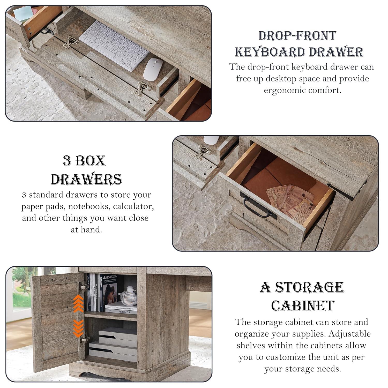 RedLemon 60" Farmhouse L Shaped Desk with Drawers, Wood Home Office Corner Executive Desk with Charging Station, File Drawer, Storage Cabinet, Rustic Computer Writing Desk (Light Rustic Oak)