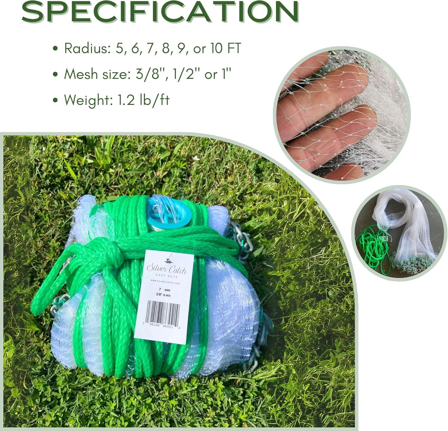 Silver Catch 8' Radius Cast Net Featuring 3/8" Mesh, True Six-Panel Design for Effective Smaller Bait Capture, Durable and Reliable