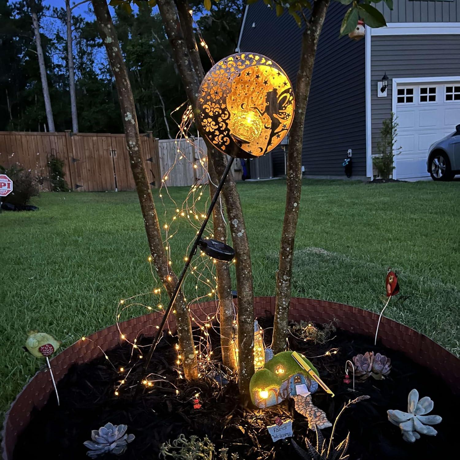 Tryme Solar Fairy Garden Lights - BSL1 Moon Star Glass Globe Pathway Stake, Waterproof Outdoor Decorative Lights for Patio, Yard, Lawn