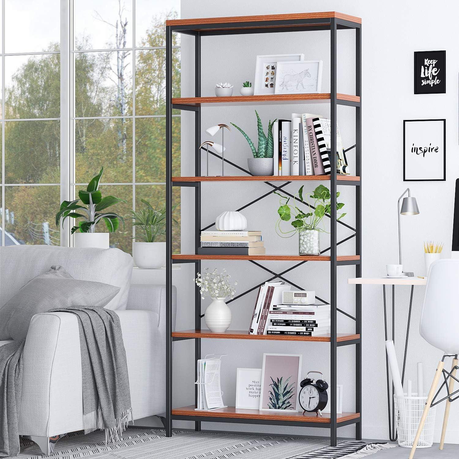 Killeryuki Bookshelf, 6-Tier Industrial Bookshelves, Wood and Metal Bookcase, Standing Storage Vintage Bookshelf for Living Room, Bedroom and Home Office, Rustic Brown