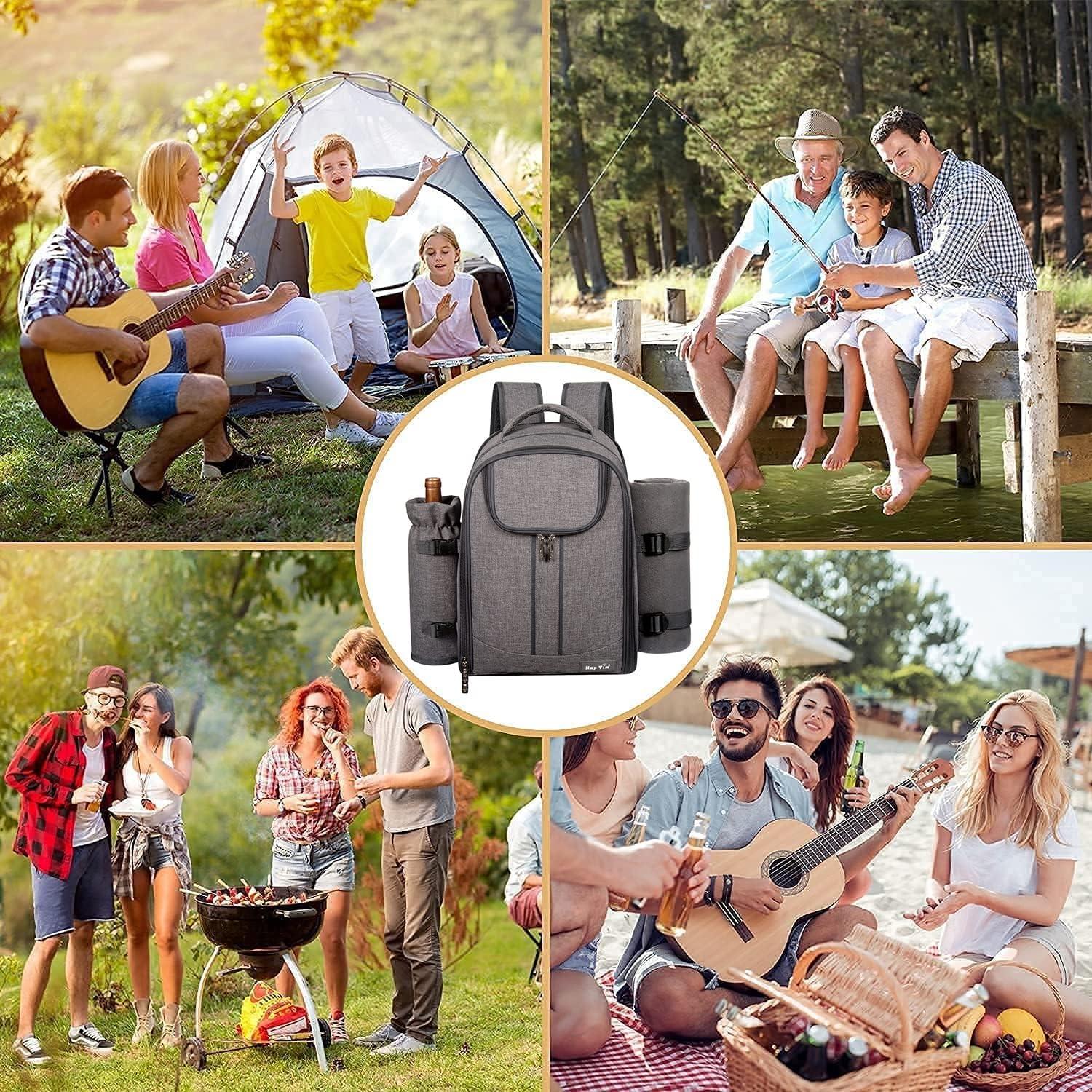 Gray Nylon Picnic Backpack with Blanket and Wine Holder