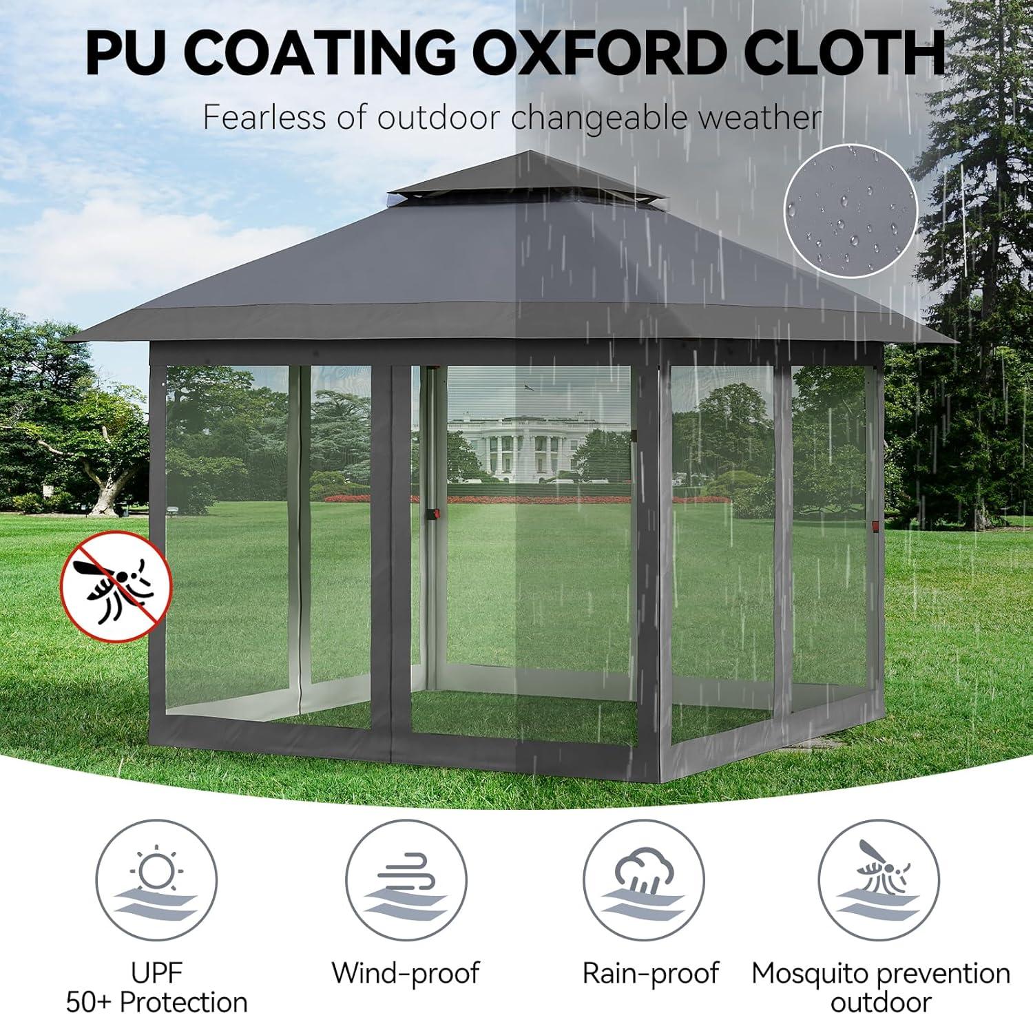 12'x12' Gazebo Outdoor Pop up Canopy Tent with Curtains and 144 Square Shelter for Patio,Backyard Party, with Mosquito Netting, 2-Tiered Vented Top (Gray)