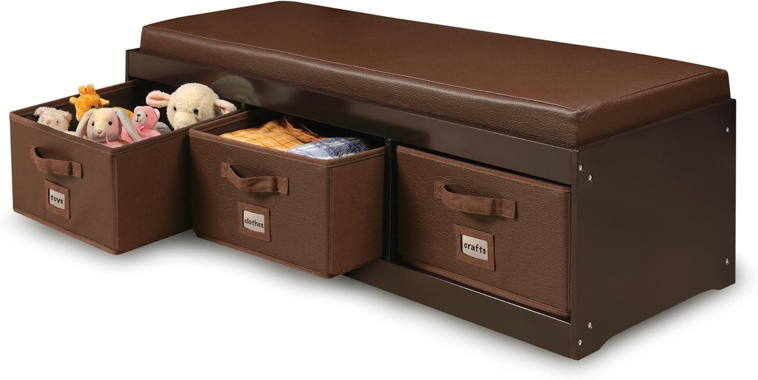Badger Basket Kid's Storage Bench with Cushion and Three Bins - Espresso