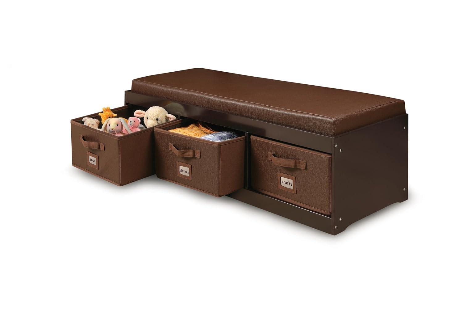 Badger Basket Kid's Storage Bench with Cushion and Three Bins - Espresso