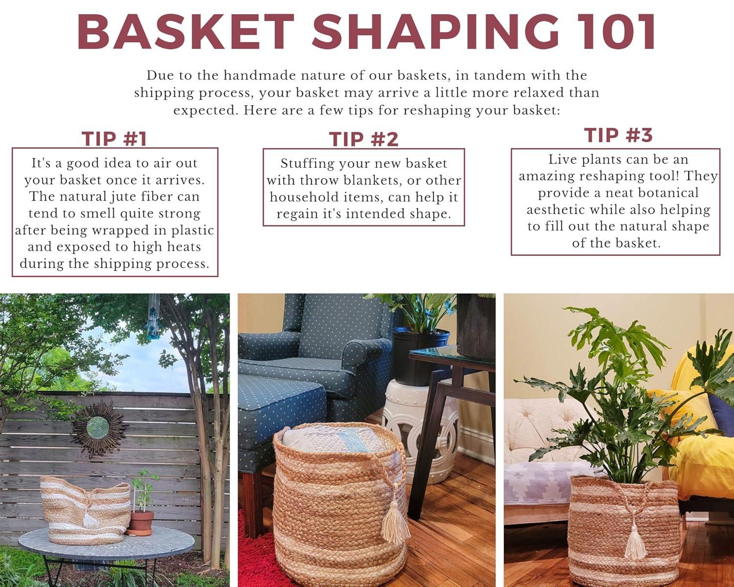 LR Home Braided Round Jute 17" Storage Basket with Handles, Natural/Tan Solid