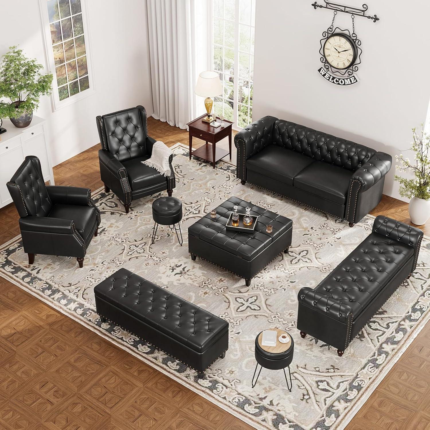 Alcott Hill® 72 Inch Couch Chesterfield Leather Sofa With Wooden Legs