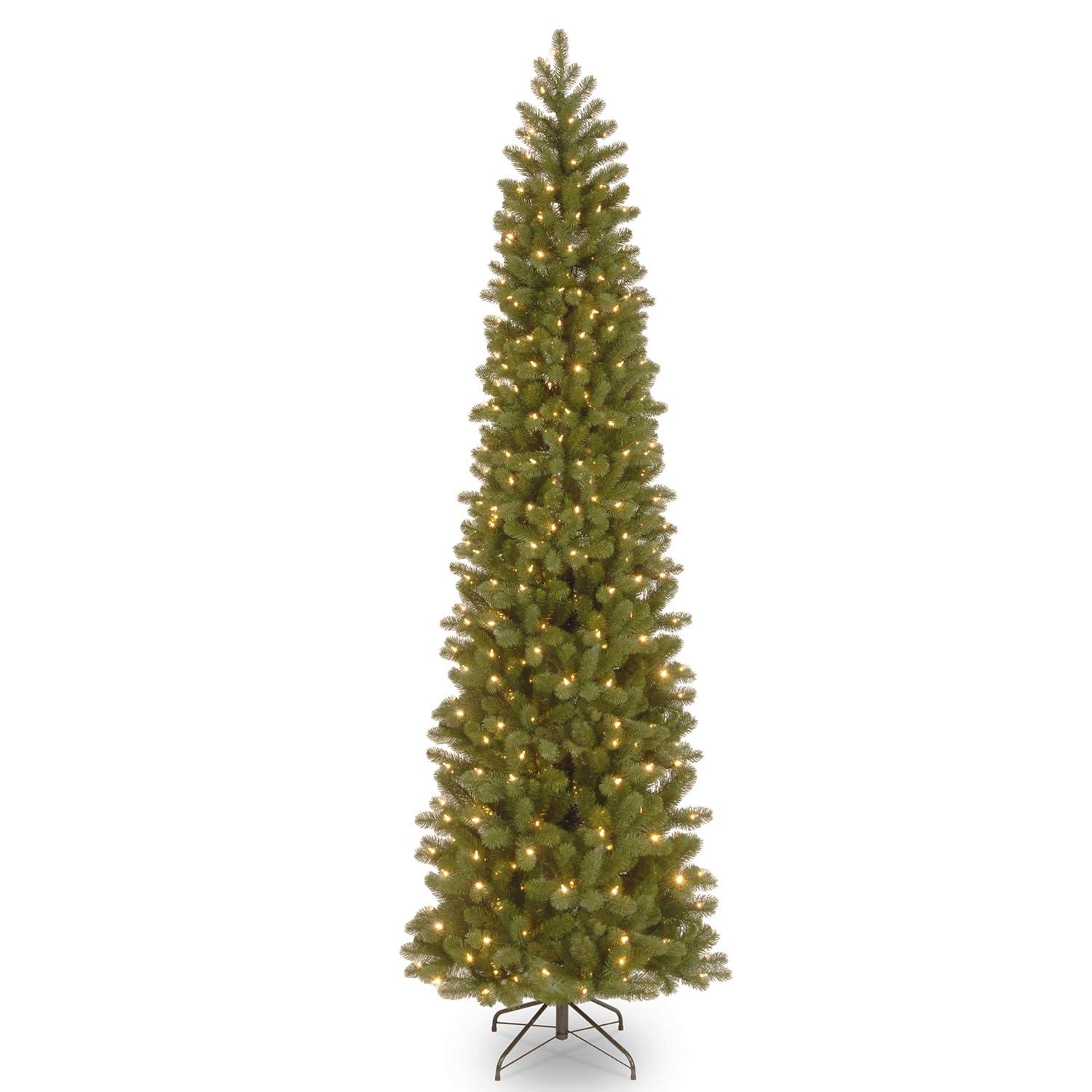 9' Prelit Pencil Slim Feel Real Downswept Douglas Fir Artificial Christmas Tree Dual Color Lights - National Tree Company