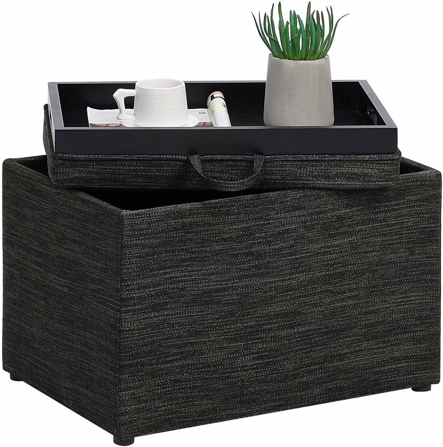 Modern Dark Charcoal Gray Fabric Storage Ottoman with Reversible Tray, 23"