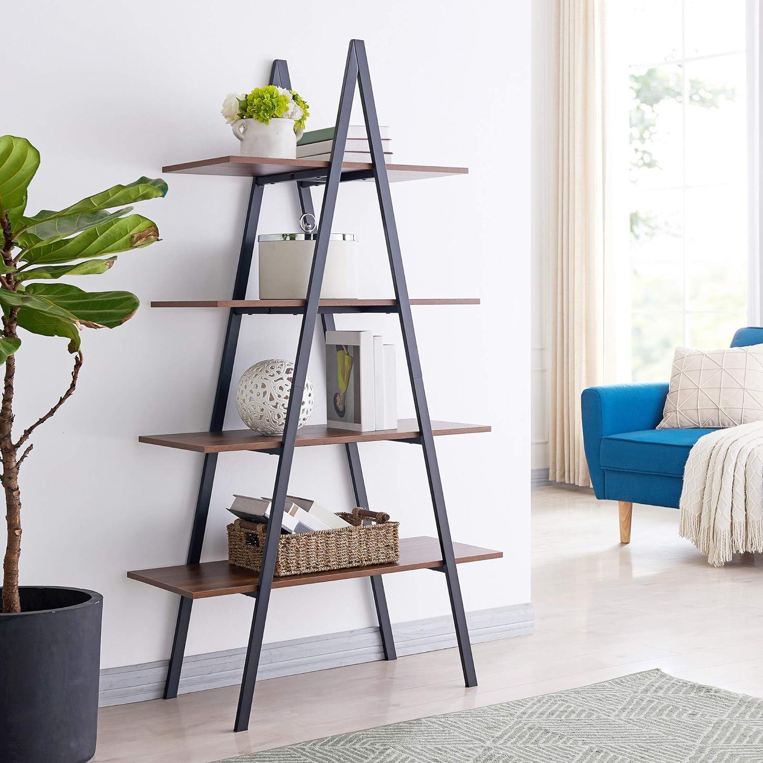 Glitzhome 64.5"H Modern Industry Wooden Oak Melamine 4-Tier Metal/ Wooden Leaning Bookcases & Ladder Shelves