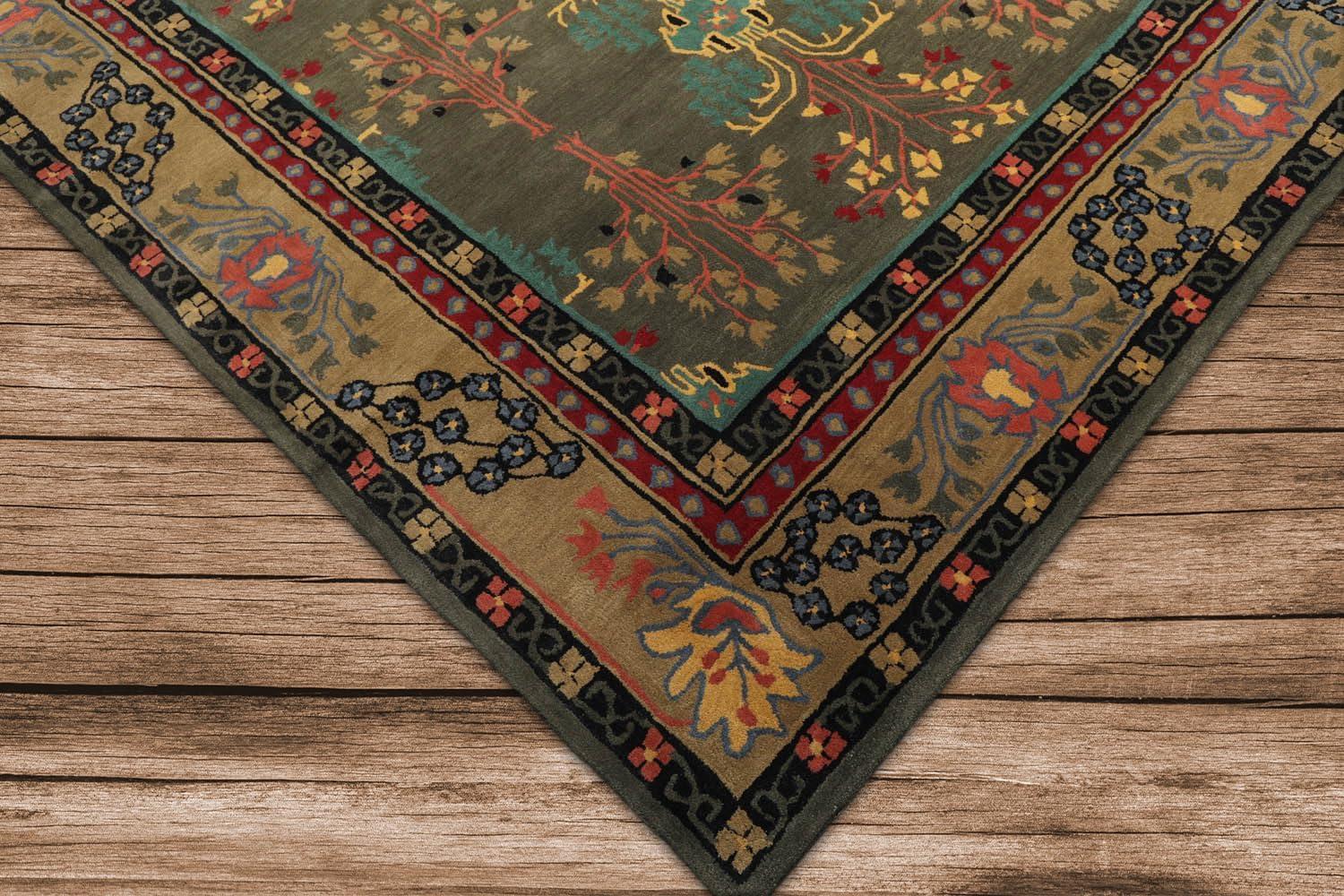Handmade Gray and Green Wool Oriental 9' x 12' Area Rug