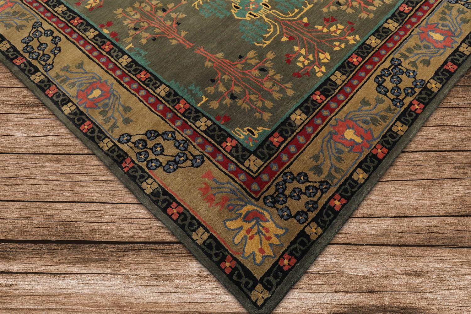 Handmade Gray and Green Wool Oriental 9' x 12' Area Rug