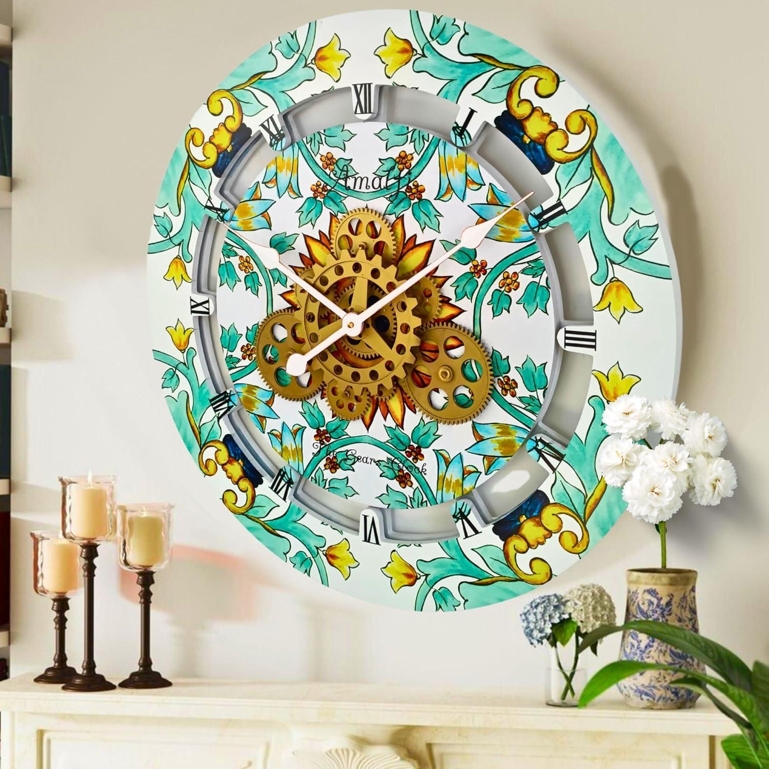 Wall Clock 24" Oversized for Living Room decor with Real Moving Gears Italy Collection