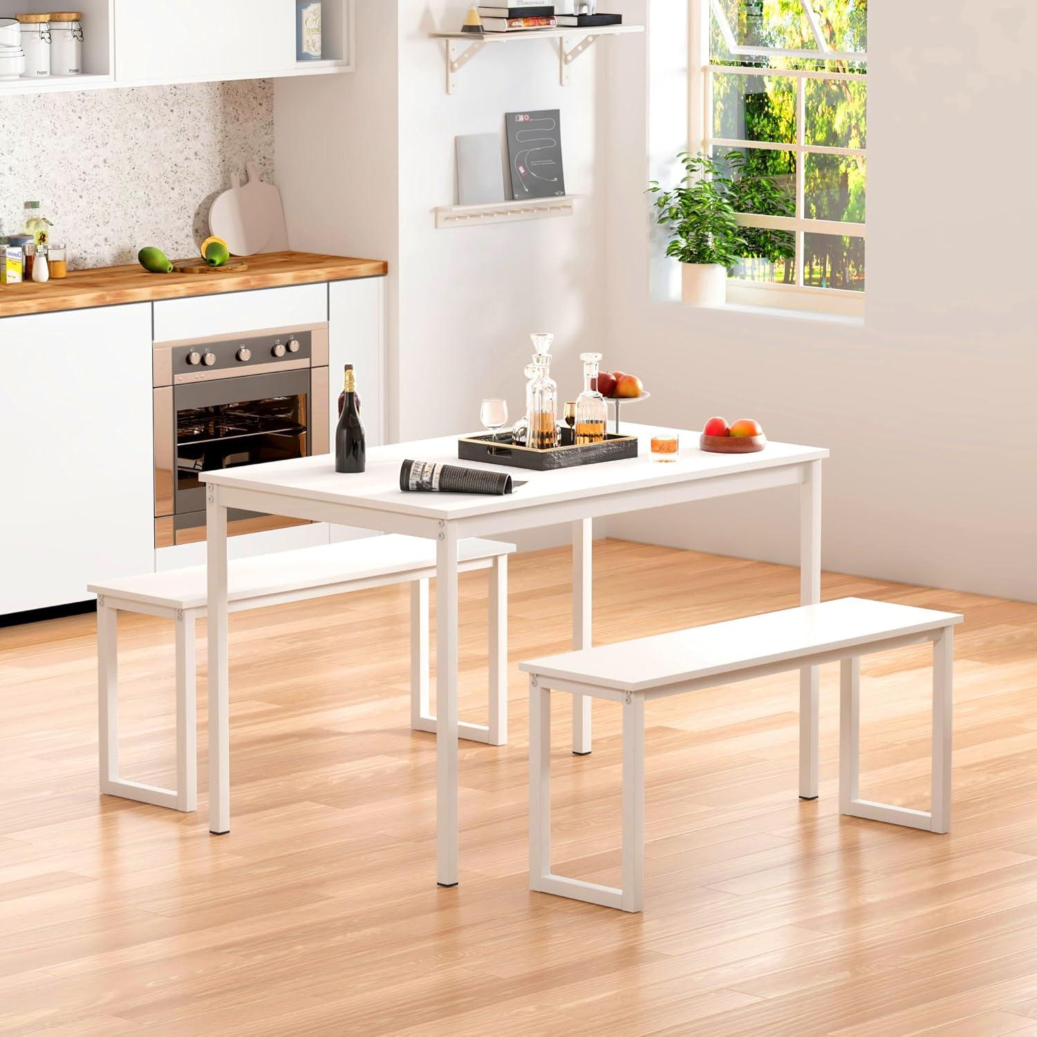 SogesPower Modern Dining Table Set with 2 Benches, 3 Piece Dining Table Set- White