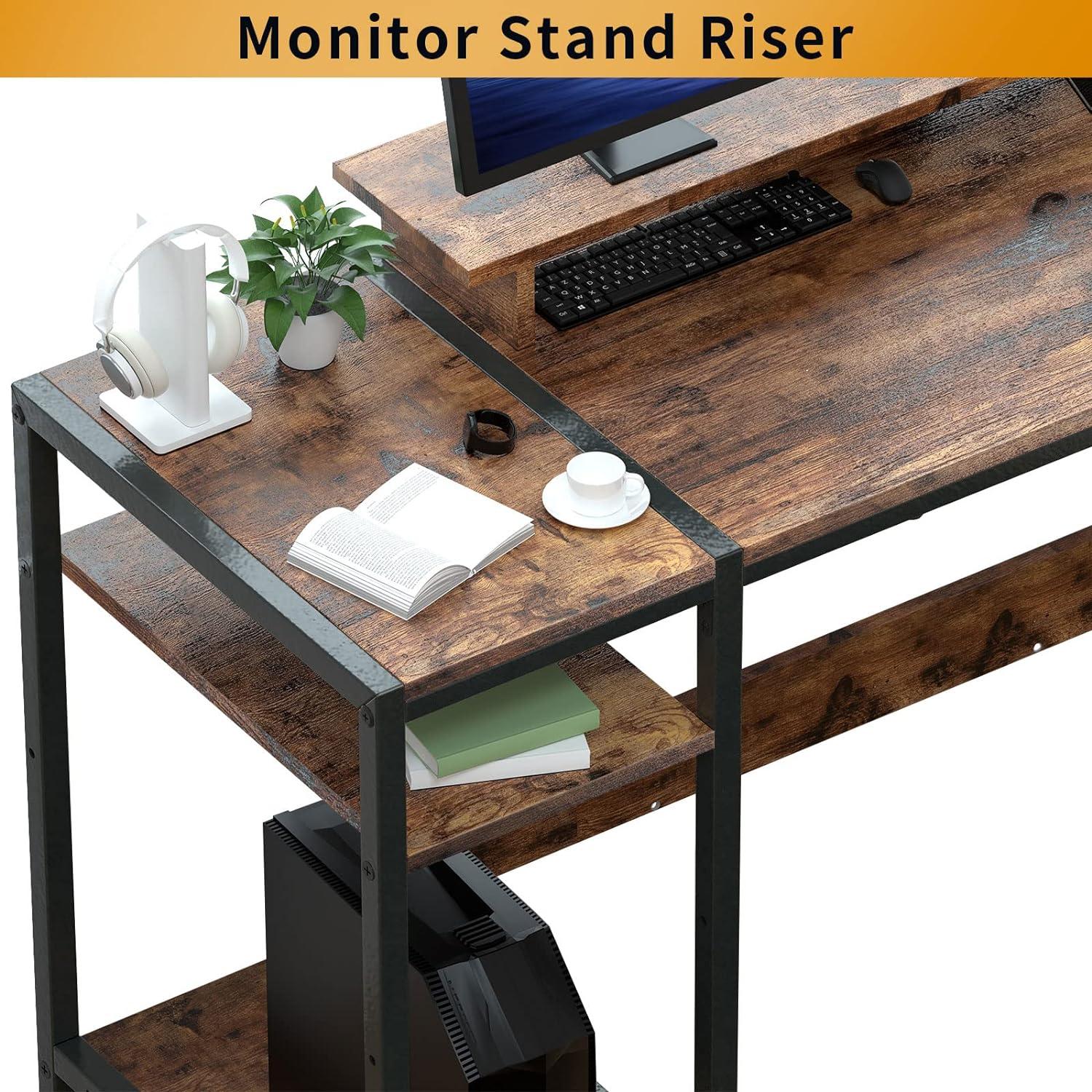 47'' Rustic Brown Adjustable Height Gaming Desk with Monitor Stand