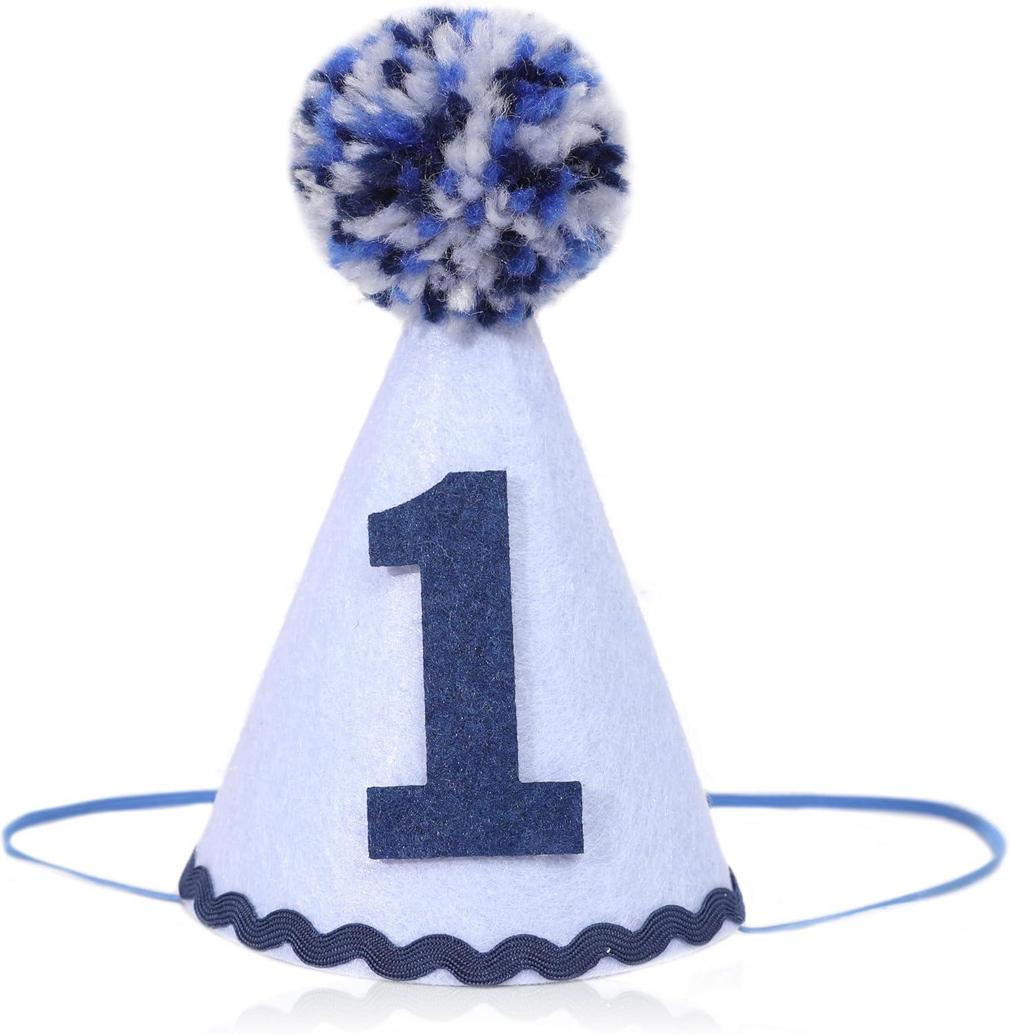 Amscan 250959 1st Birthday Blue Pom Pom Child's Party Hat, 1ct