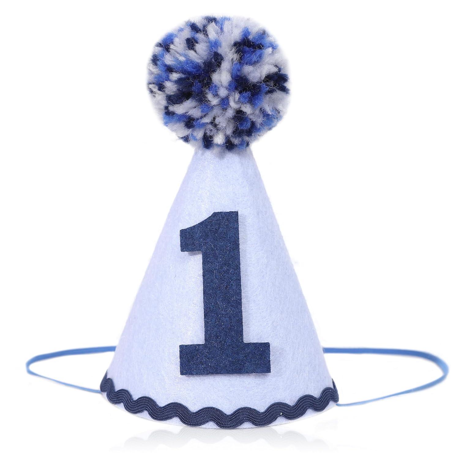 Amscan 250959 1st Birthday Blue Pom Pom Child's Party Hat, 1ct