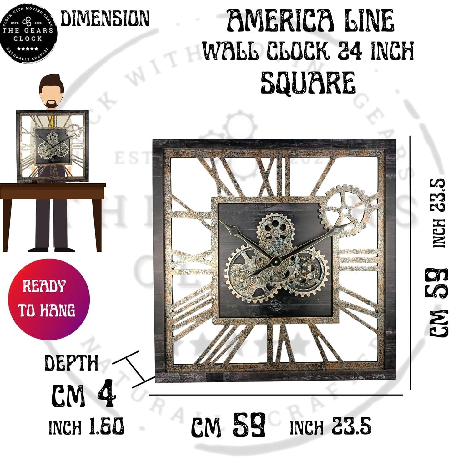 The Gears Clock Wall Clock 24" Square Oversized for Living Room decor with Real Moving Gears America Collection