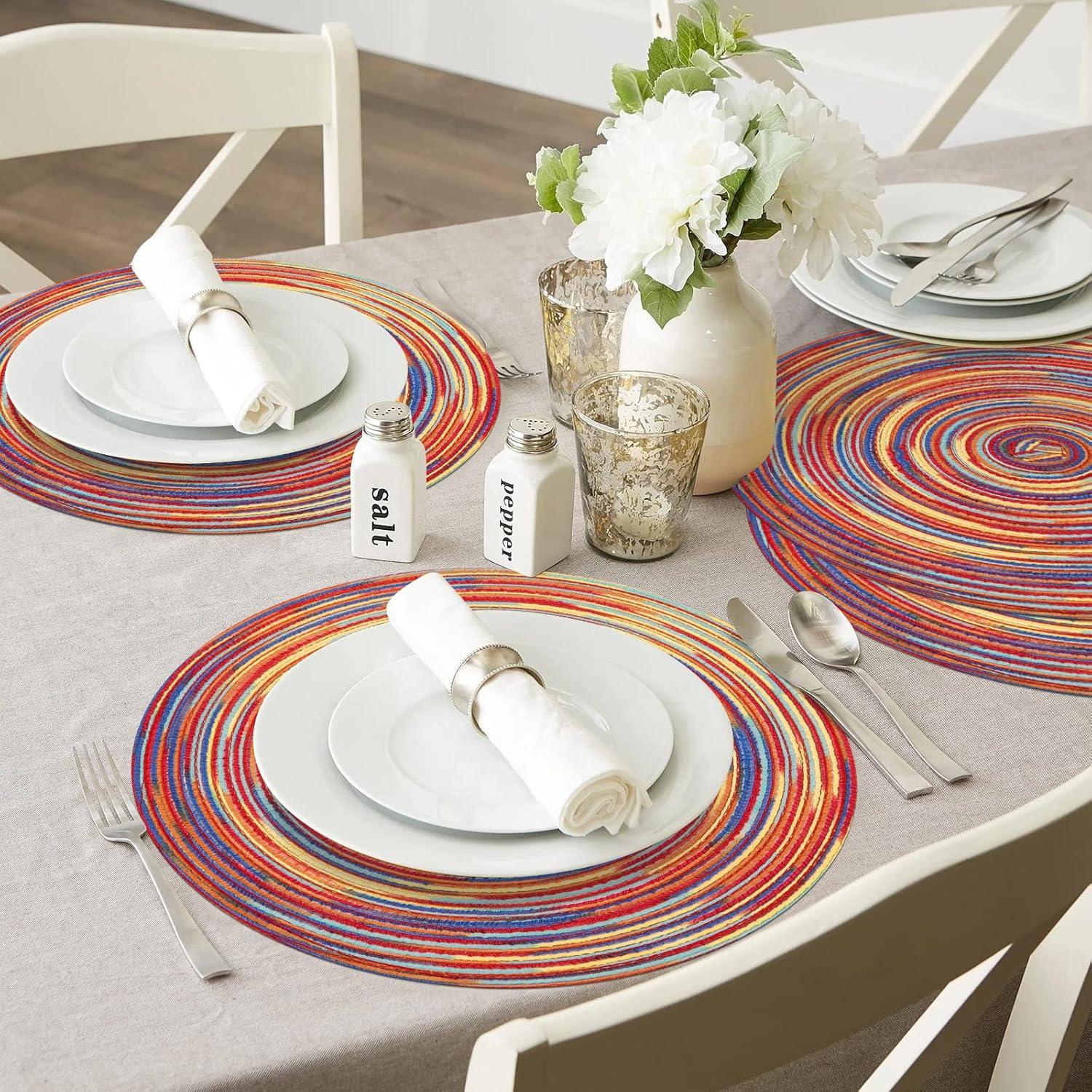 MeyJey Round Placemats 6 Piece, 15" Large Cotton Woven Heat Resistant Placemats Set of 6, Rainbow