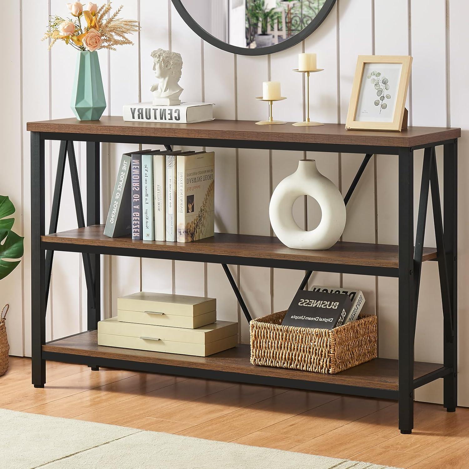 Rustic Brown Wood and Metal 3-Tier Console Table with Storage