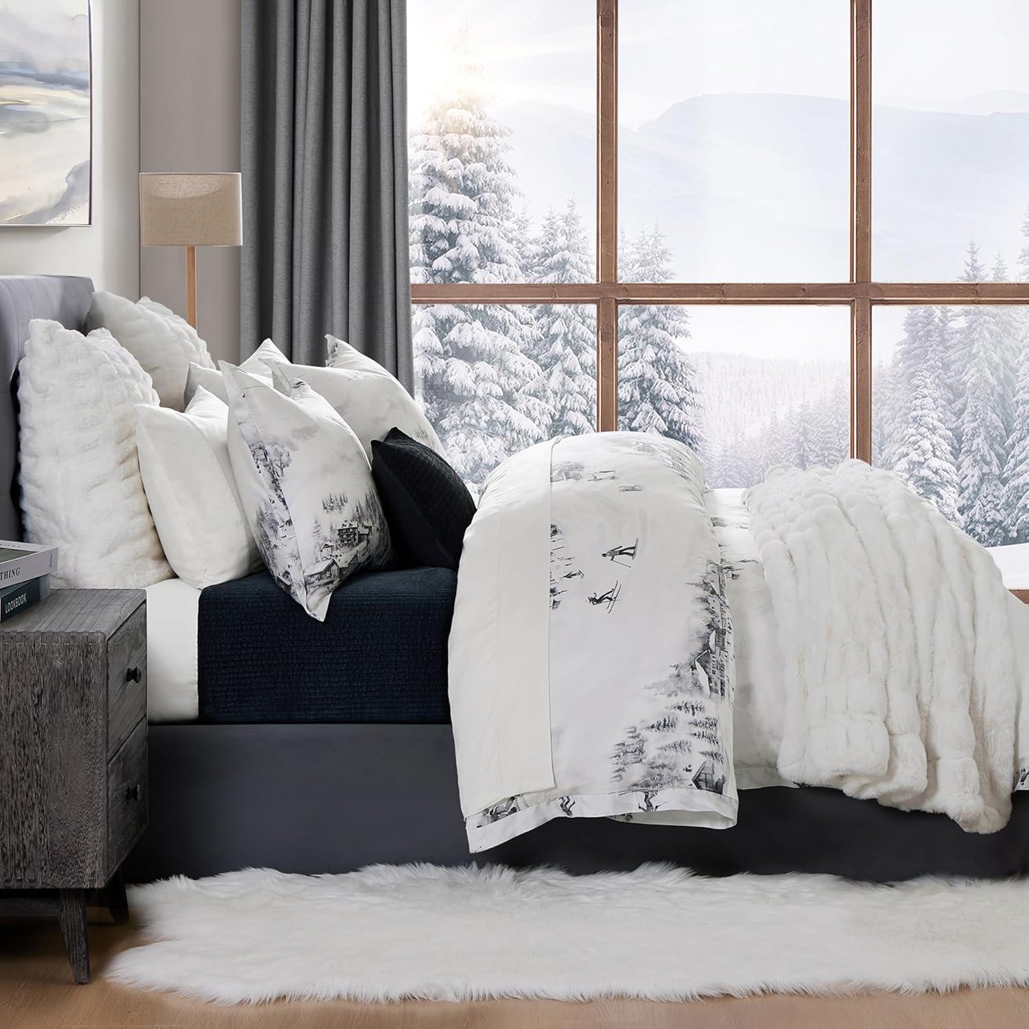 HiEnd Accents Ski Life White Gray Lyocell Ski Season Print Rustic Cabin Lodge Comforter Set
