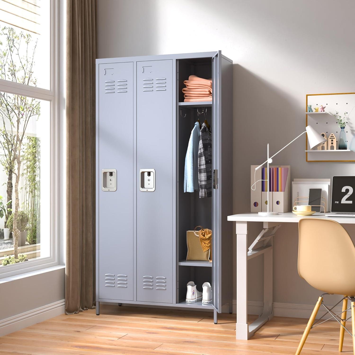 GangMei 72 inches 3 Doors Metal Storage Locker for Employees，Large Steel Combination Locker Cabinet for Gym, Living Room, School , Office with Locking Doors(Light Gray)