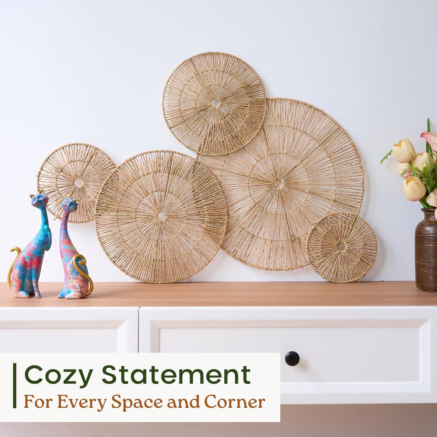 18 Inch Wicker Jute Wall Decor, Set Of 5 Large Woven Jute Wall Plates, Large Decorative Baskets For Wall Arts, 18", 14", 11", 8", 7", Farmhouse Wall Hanging For Bedroom, Living Room