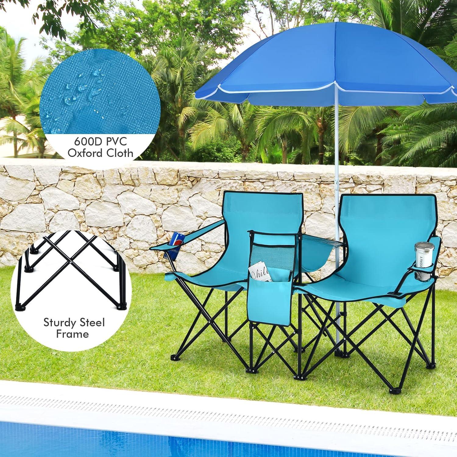 Portable Folding Picnic Double Chair W/Umbrella Table Cooler Beach Camping Turquoise