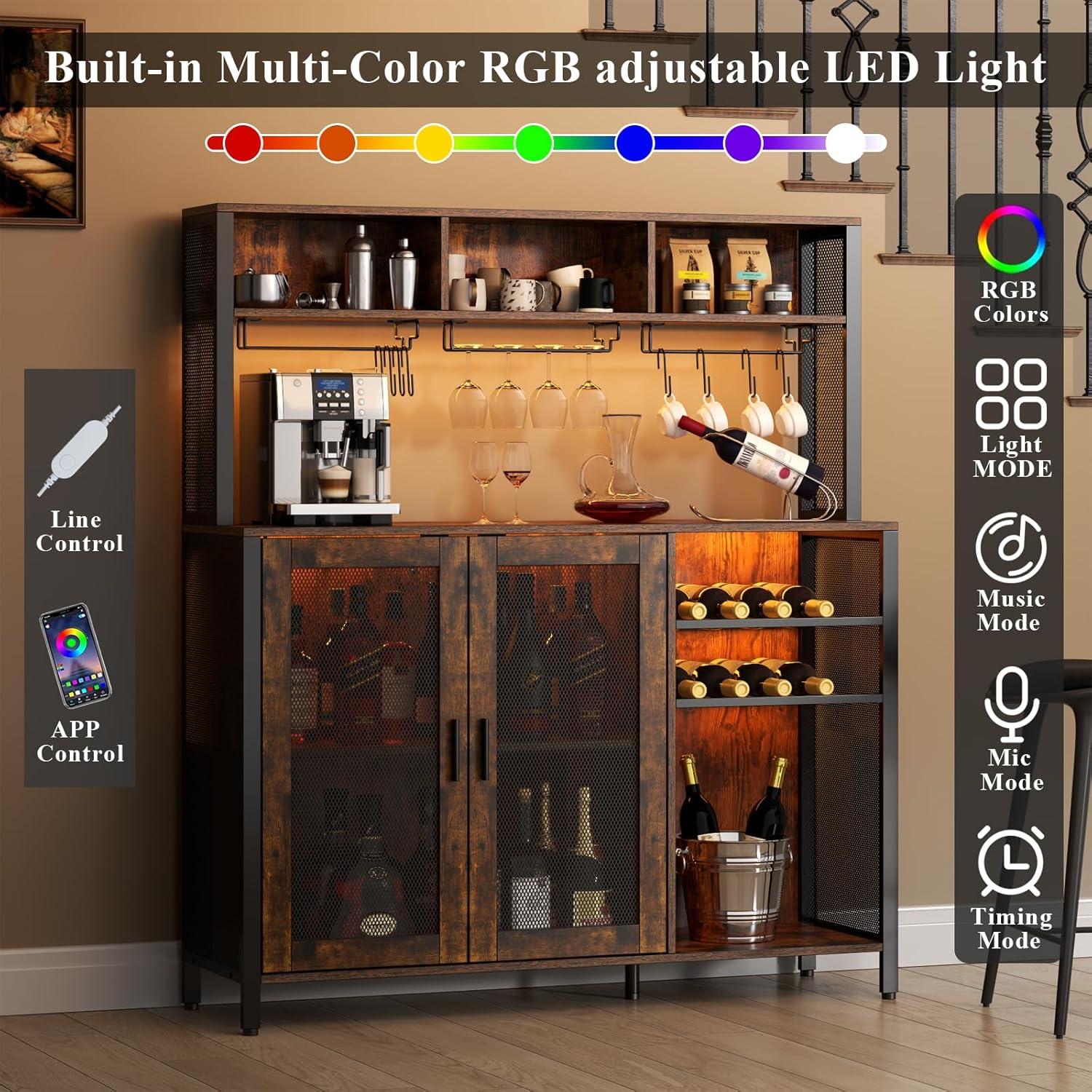 17 Stories Hoffarth 47.24'' Wine Bar Cabinet with LED Lights, Liquor Cabinet Coffee Bar Cabinet with 3 Storage Compartments & Wine Rack & Glass Holder