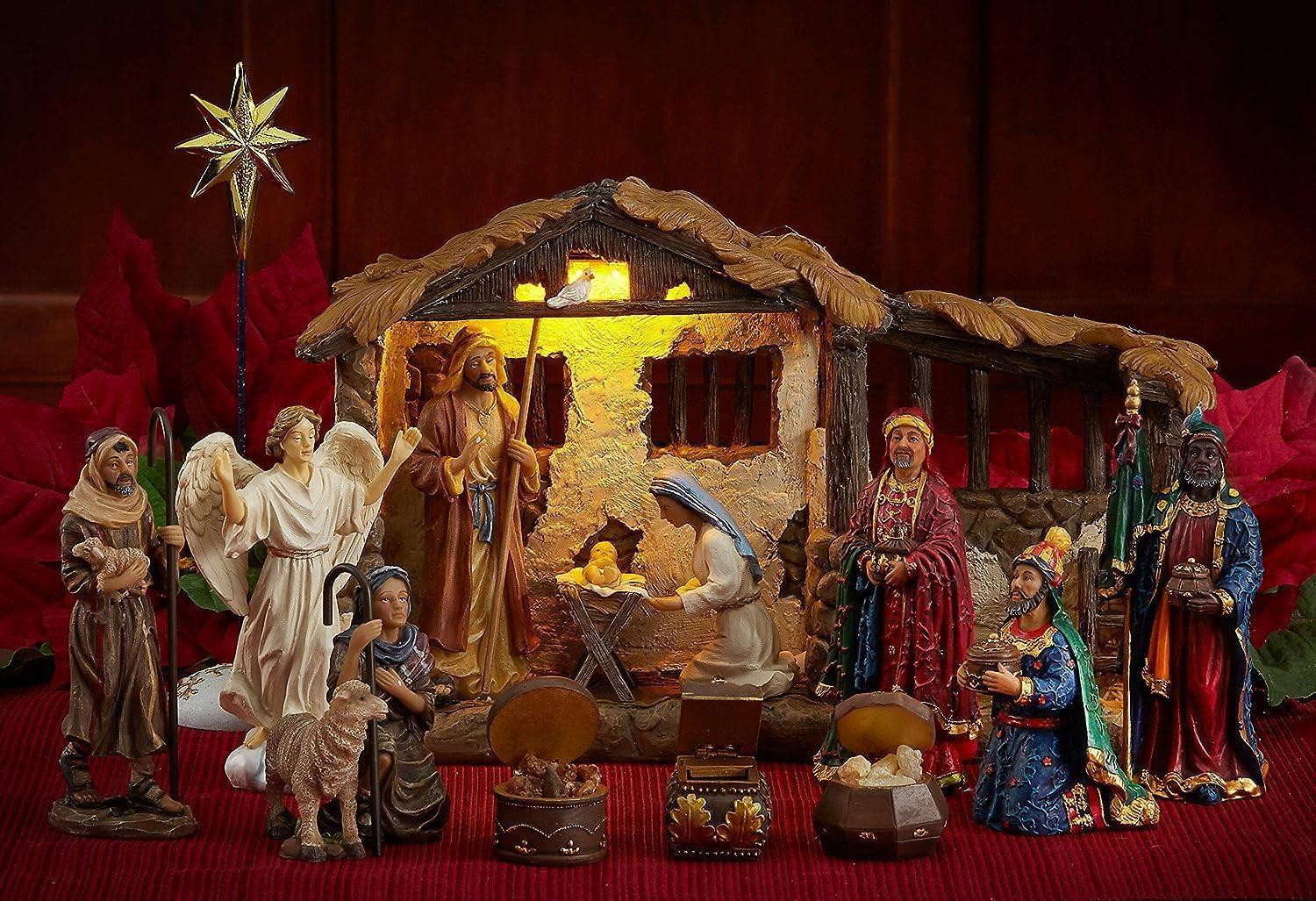 Three Kings Gifts Nativity Set for Christmas Indoor 23 Piece 5 Inch Figures with Lighted Stable, Palm Tree and Chests of Gold, Frankincense and Myrrh
