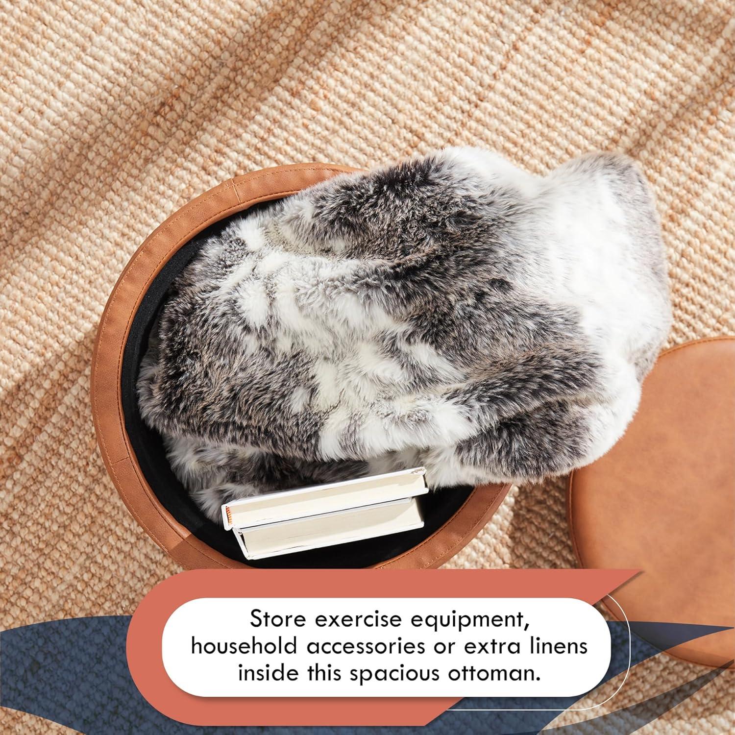 Ornavo Home Lawrence Round Storage Ottoman with Table Top Lid - Linen Beige