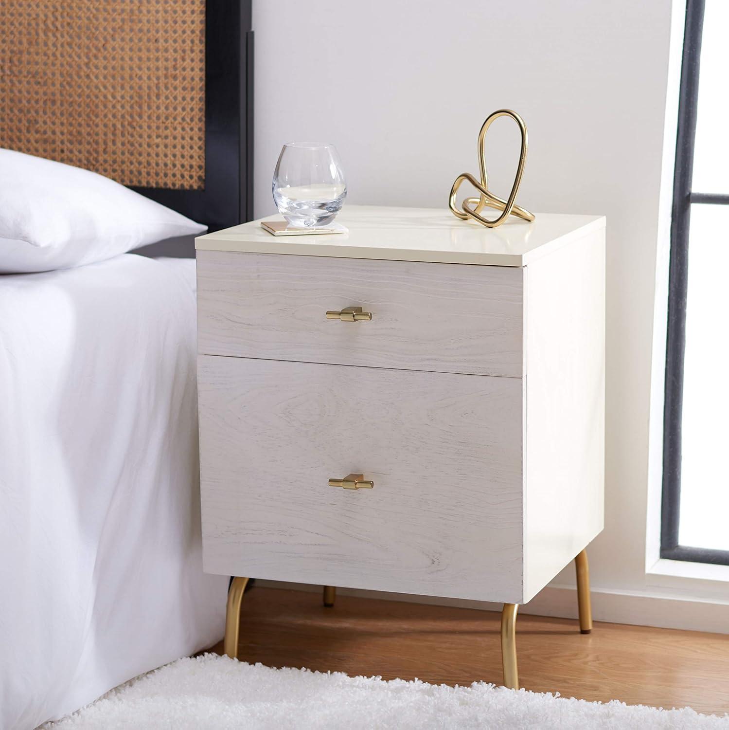 Genevieve Cream Mahogany 2-Drawer Nightstand with Gold Metal Legs