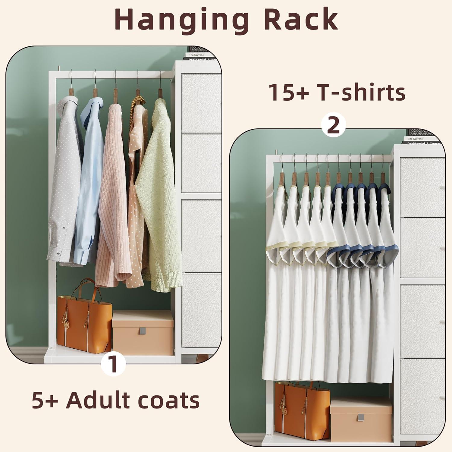 Dresser with Hanging Rack, 4 Drawers Small Closet for Bedroom, Reversible Fabric Chest of Drawers with Clothes Rack, Tall Storage Tower, Sturdy Frame, White, 44''H