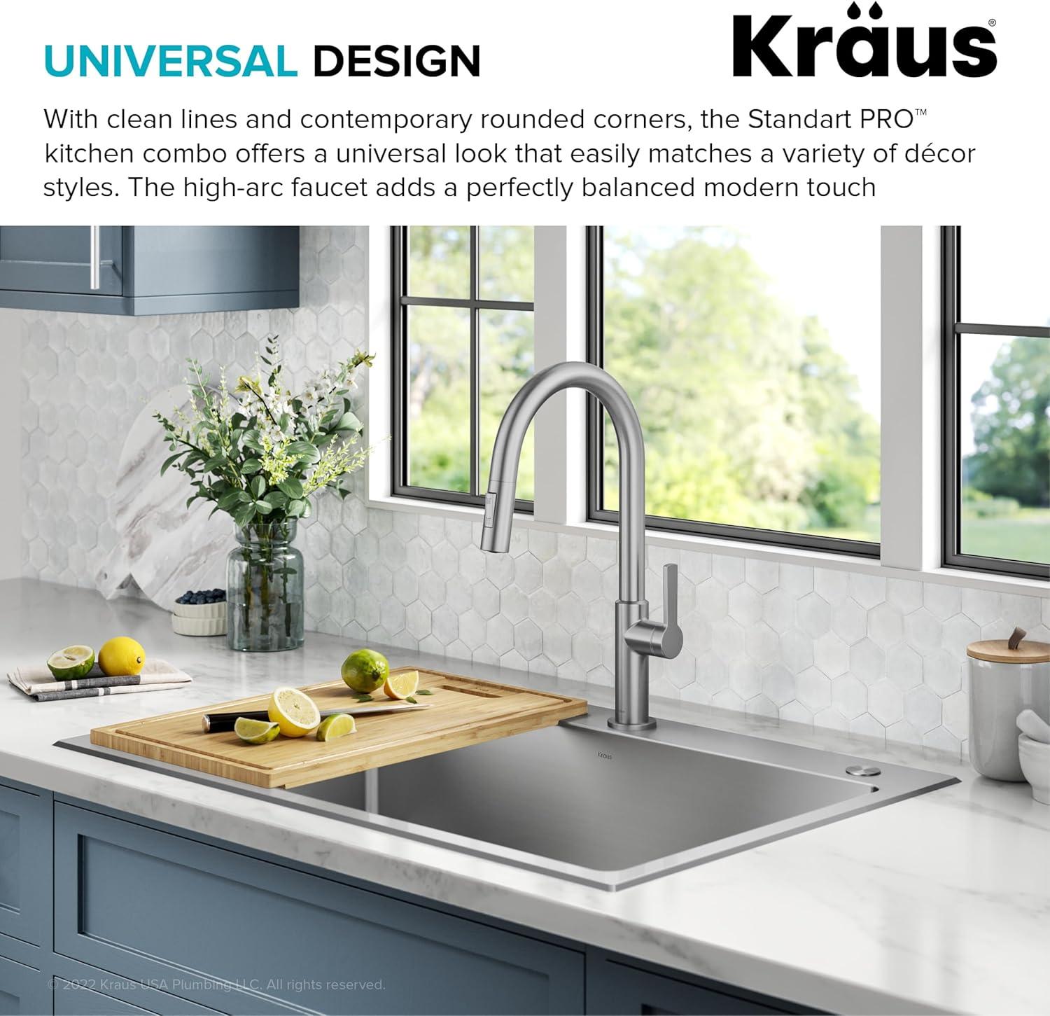 KRAUS Standart PRO 33” Drop In / Undermount Single Bowl 18-Gauge Stainless Steel Kitchen Sink And Pull Down Faucet In Spot-Free Stainless Steel