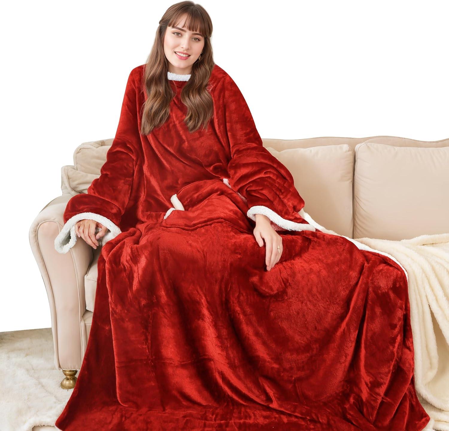 Tirrinia Hood Wearable Blanket for Adult Women and Men, Super Soft Comfy Warm Plush Throw with Sleeves TV Blanket Wrap Robe Hoodie Cover for Sofa, Couch 72" x 55"