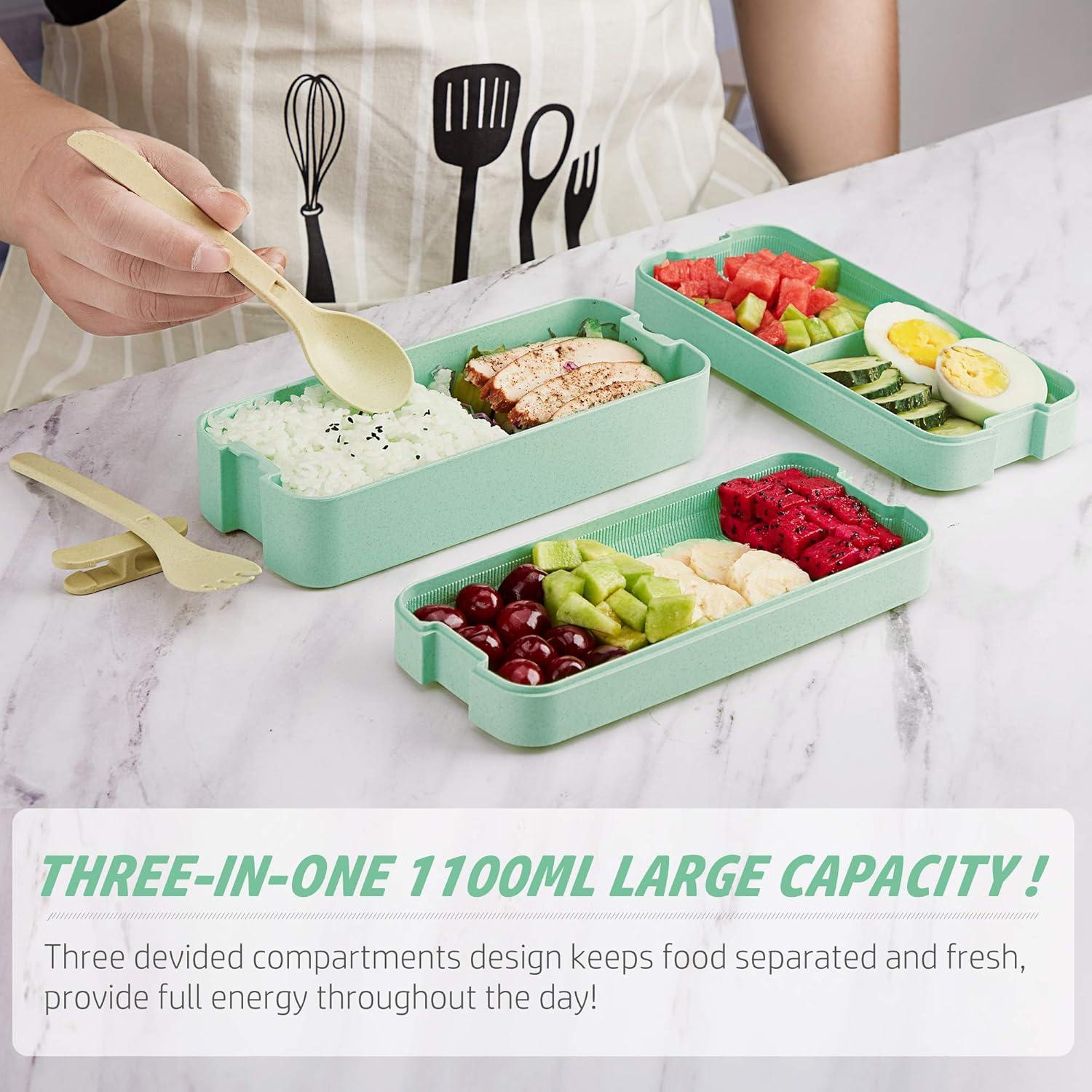 Bento Lunch Box 1100ml/38oz, 3-Layer Bento Box with Spoon & Fork for Kids Adult & Office Worker, BPA-Free Lunch Box Leak-Proof Food Containers with Bonus Lunch Bag(Green)