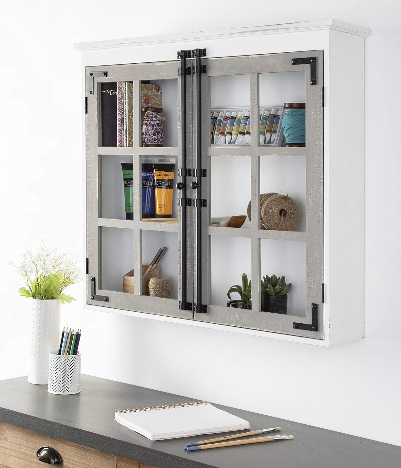 White and Gray Farmhouse Wood Wall Cabinet with Glass Doors