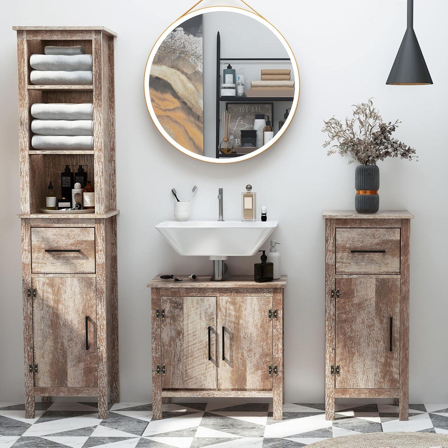 kleankin Wooden Under Sink Bathroom Floor Storage Cabinet with Double Door Space Saver Organizer, Barnwood