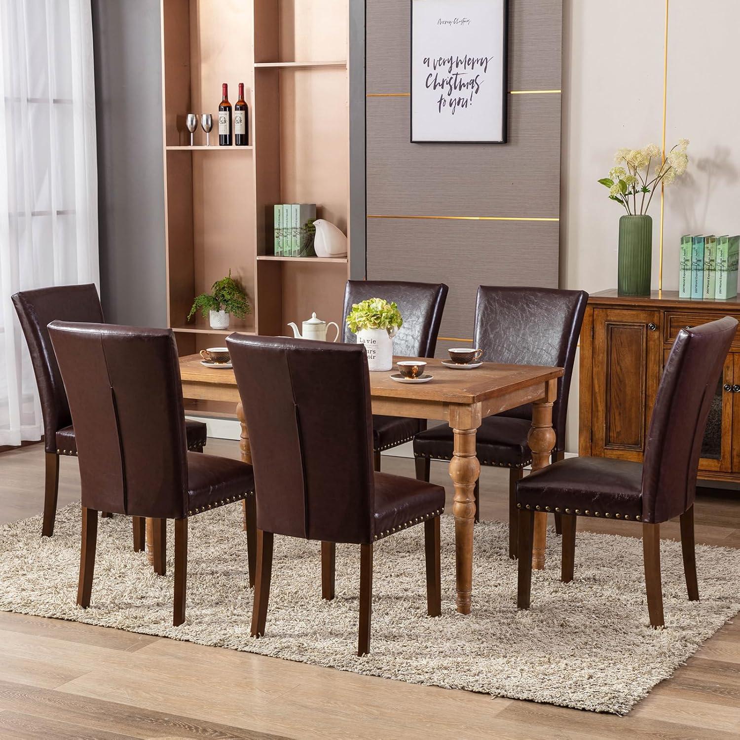 Dark Brown Faux Leather Upholstered Parsons Side Chair Set