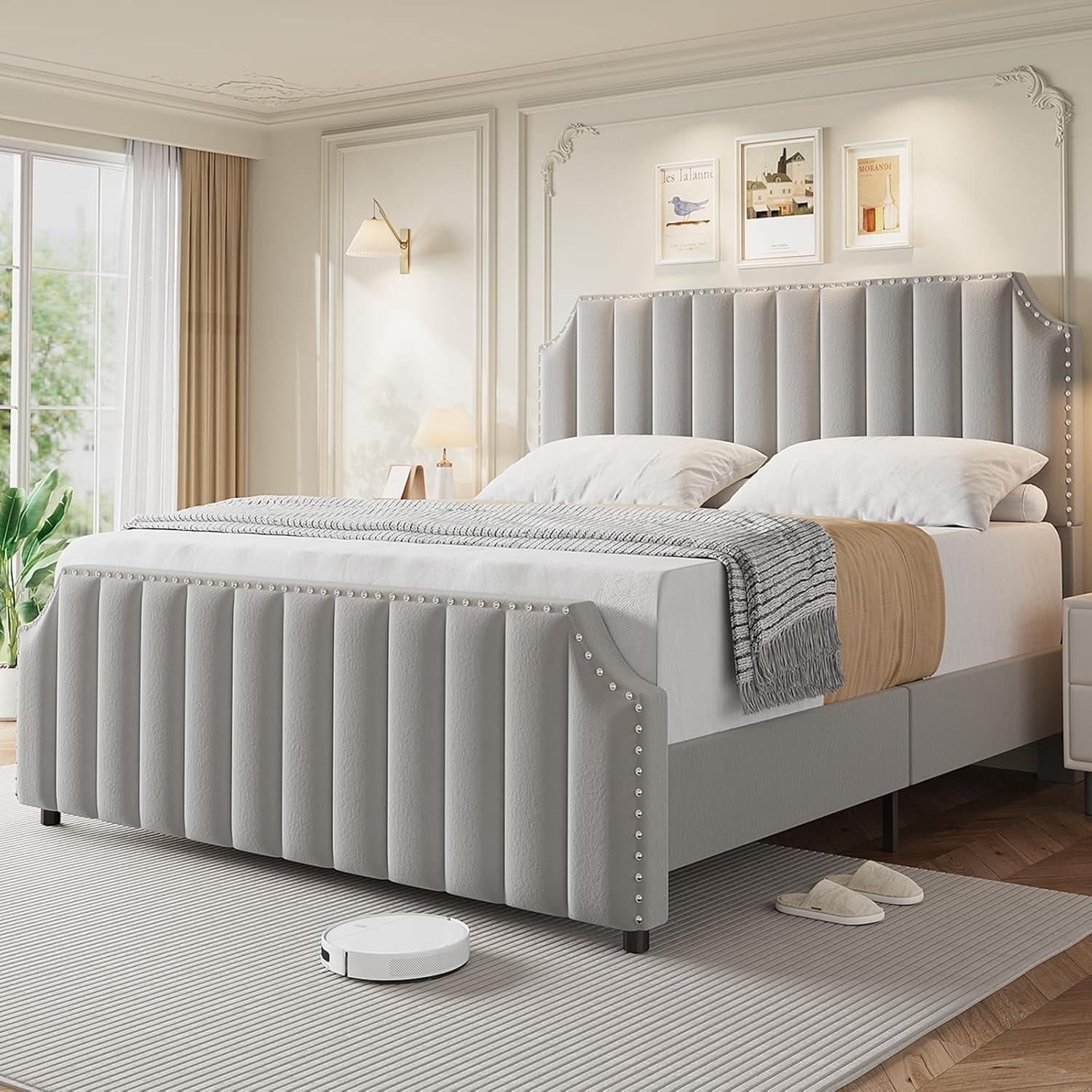 Queen Size Platform Bed Frame with 50.2" Headboard, Velvet Upholstered Bed Frame Queen with Vertical Channel Tufted Headboard & Footboard,Light Gray