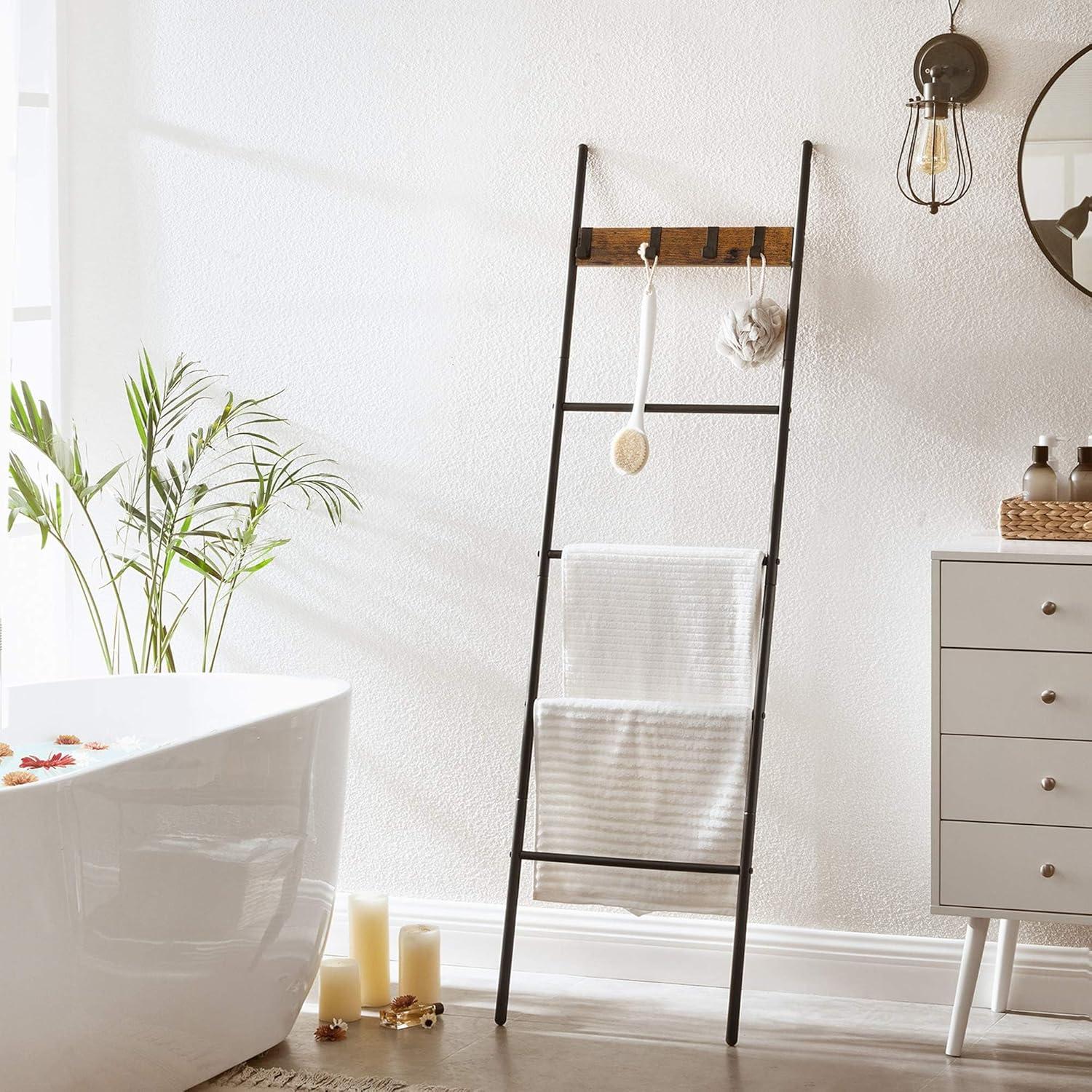 Rustic Brown and Black 5-Tier Ladder Shelf with Metal Frame