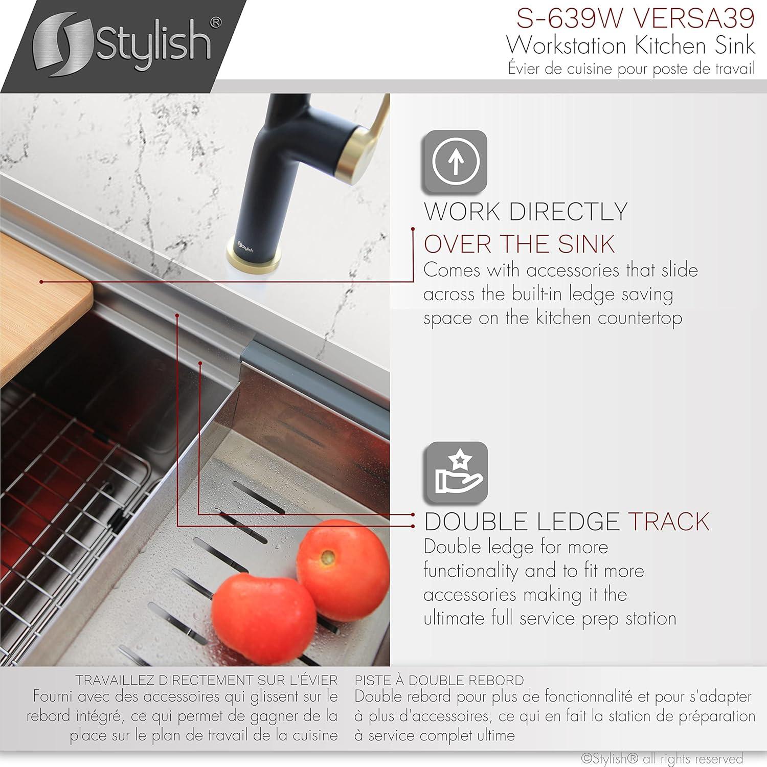 Versa STYLISH 39 inch Stainless Steel Workstation Single Bowl Undermount Kitchen Sink with Accessories included