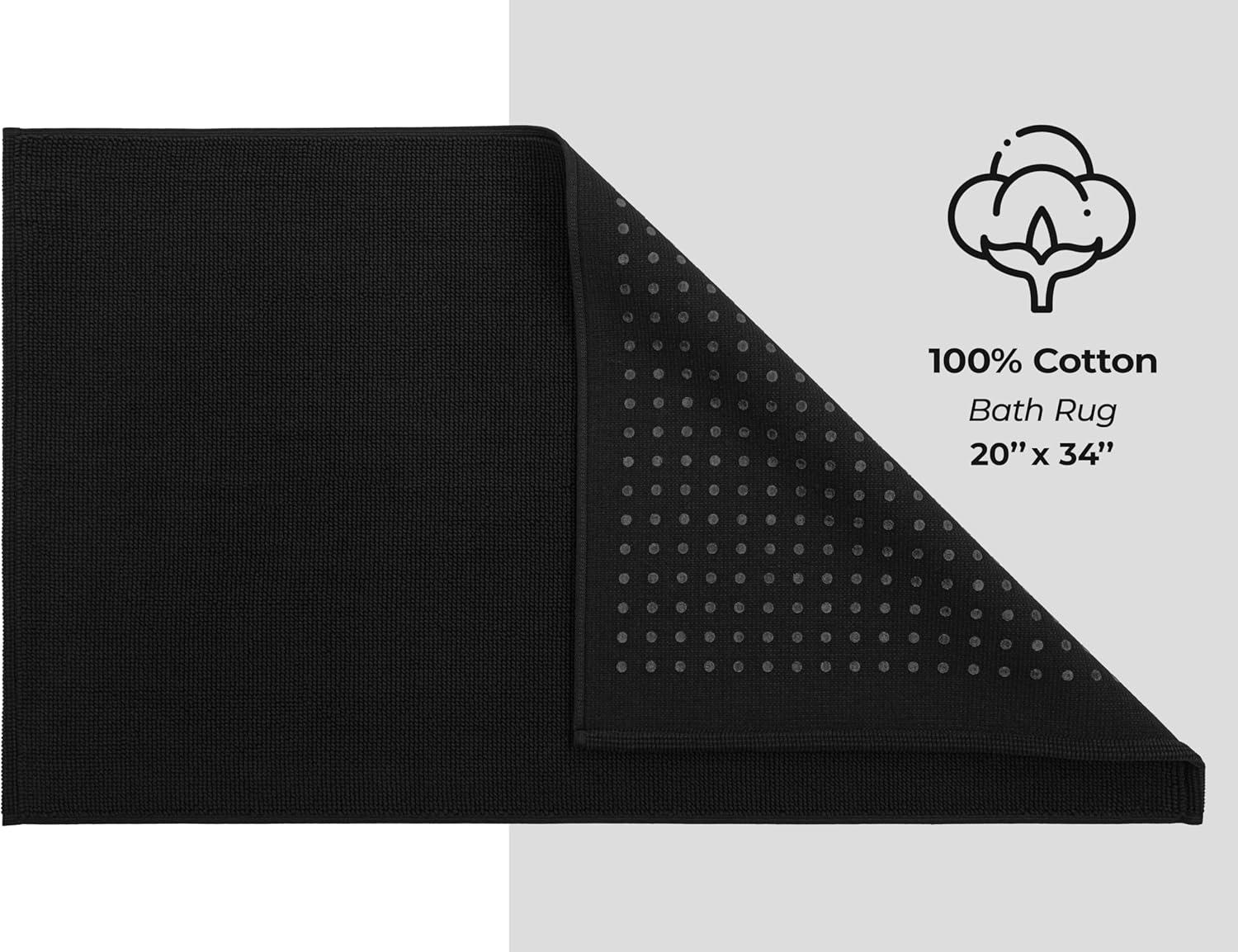 American Soft Linen 100% Cotton Bath Mat Rugs, 20x34 inches Slip Resistant Bottom Base Bath Mats for Bathroom, Black