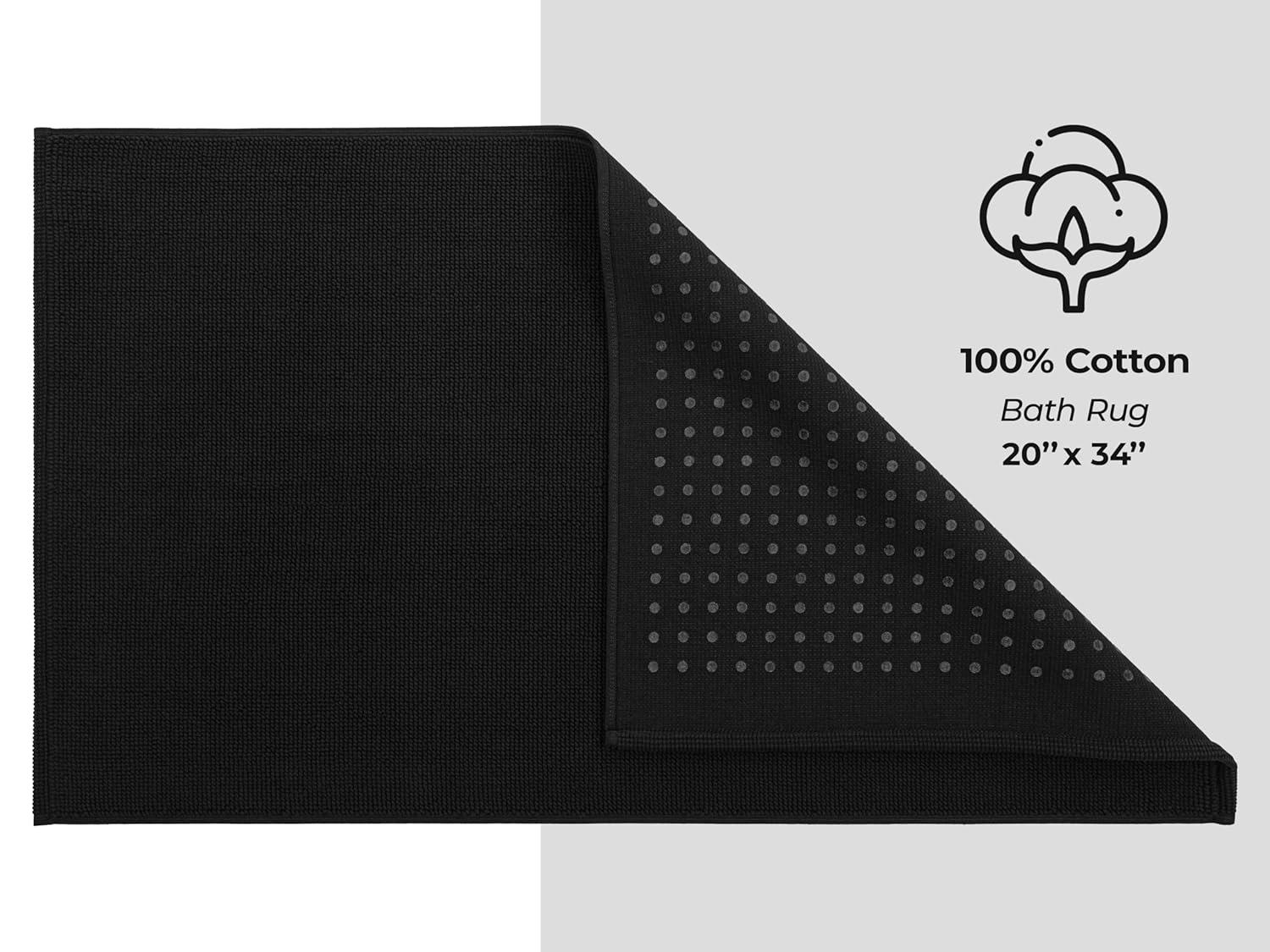American Soft Linen 100% Cotton Bath Mat Rugs, 20x34 inches Slip Resistant Bottom Base Bath Mats for Bathroom, Black