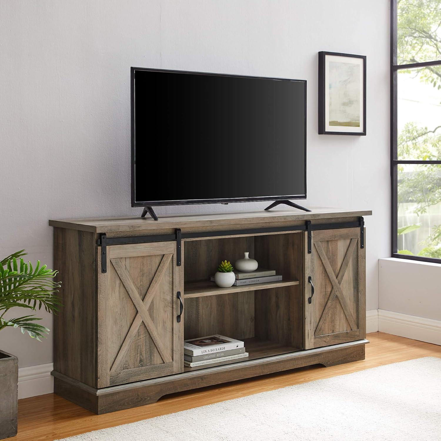 58" Modern Farmhouse Wood TV Stand with Sliding Barn Doors - Solid White Oak